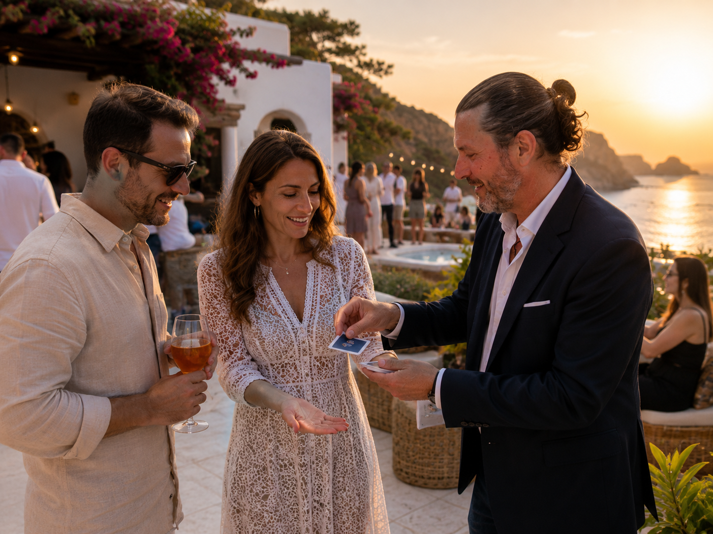 Close-up magic performed at a luxury wedding celebration