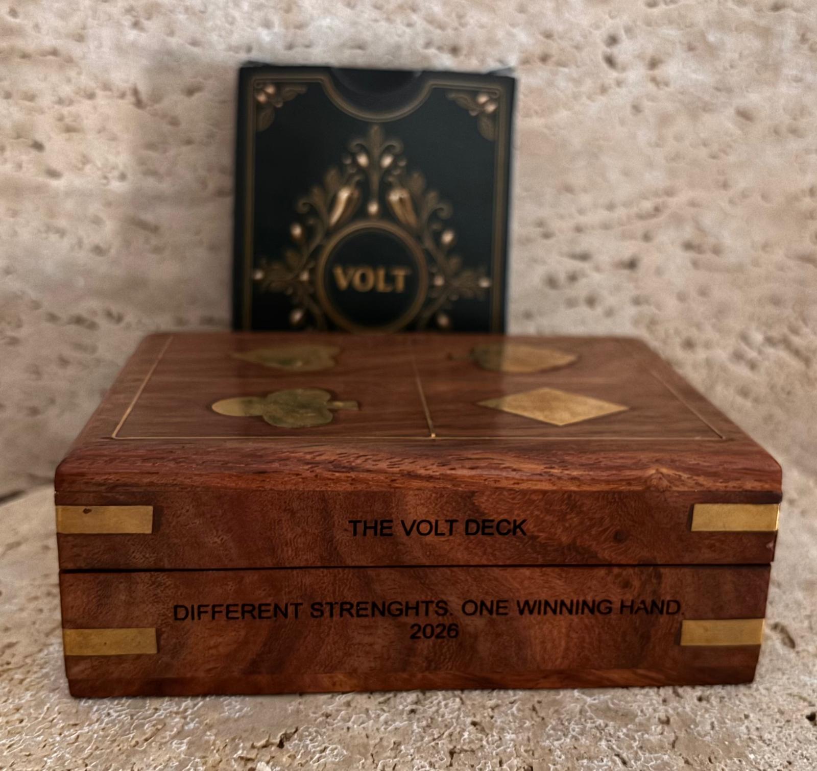 Custom wooden card box and deck engraved with a personal company message, made for a corporate leadership event